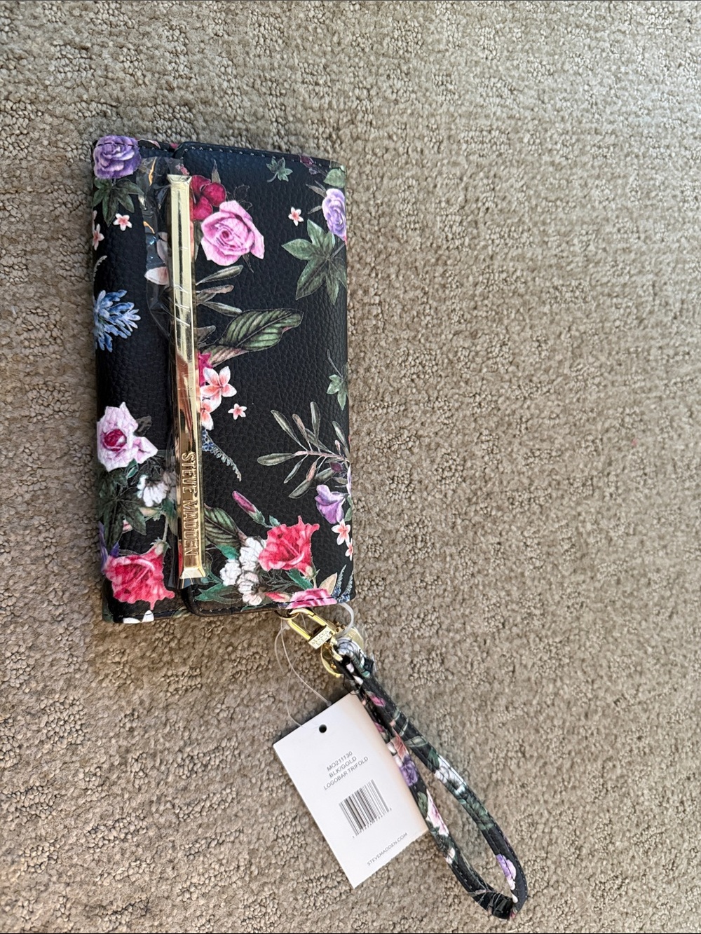 Steve Madden Black Floral Wristlet with Gold Accent